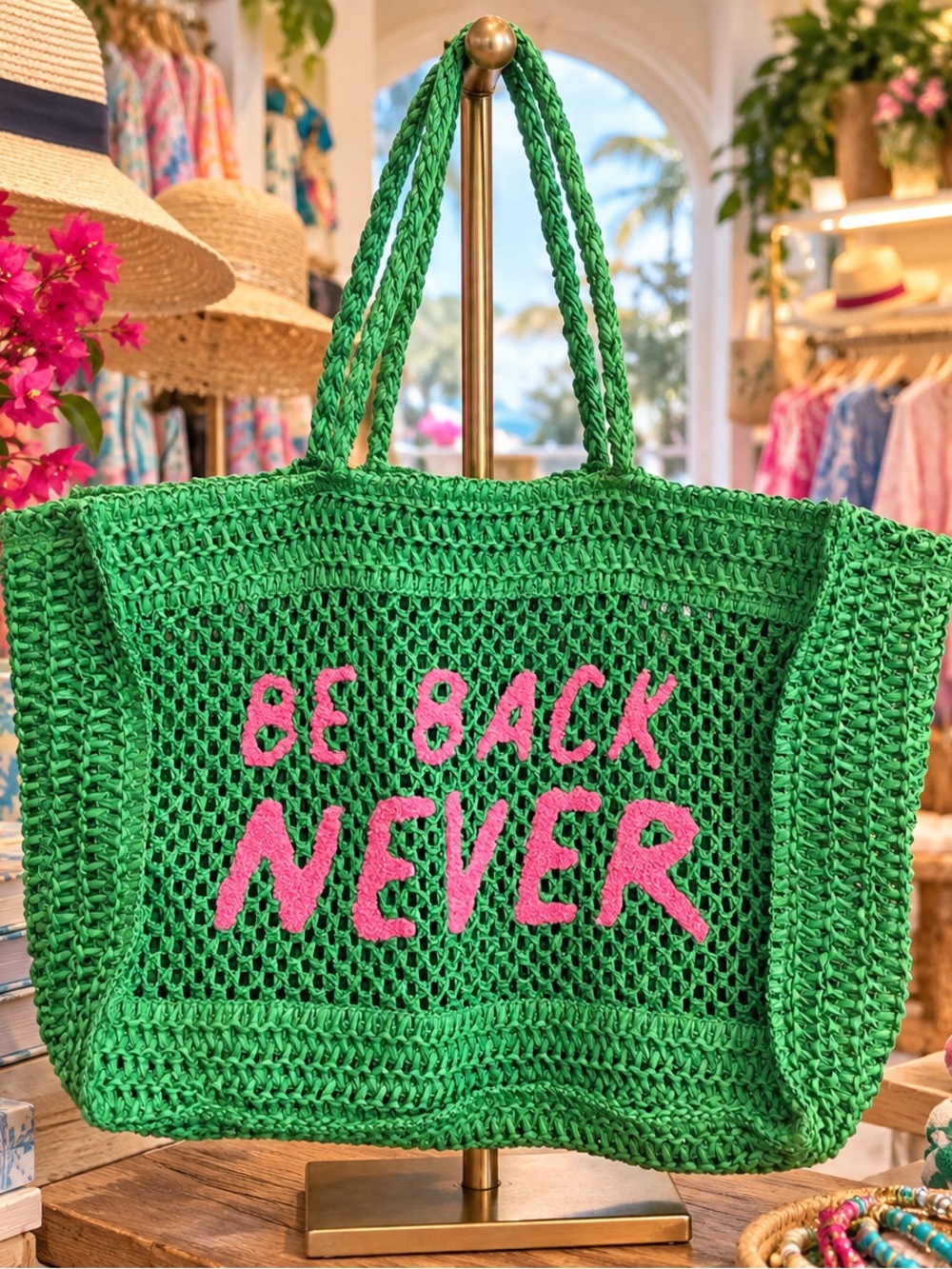 Green Crochet Tote Bag with Pink 'BE BACK NEVER' Slogan